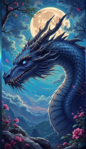 1DRAGON, PORTRAIT, HEAD,  MOON NIGHT, SKY IN RAINBOW, 