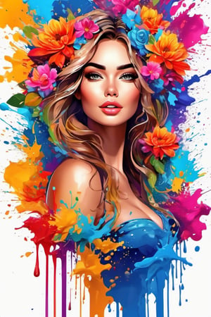 high quality, 8K Ultra HD, highly detailed, full body, beautiful detailed illustration of a beautiful woman, splash arts, vivid colorful tone, 3d render,flower,dripping paint