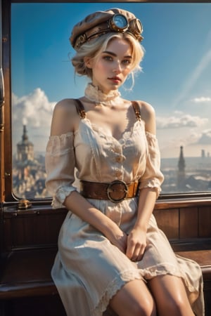 1 European girl sitting on train infront of a wide window through which blue sky and city views can be seen, warm light,steampunk