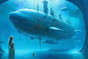 panoroma,masterpiece, HZ Steampunk,1 girl is in a submarine , looking at a mechanic whale,  Atlantis,steampunk style,underwater,surreal and dystopian, by zdzislaw beksinski, Thunderstorm, Renaissance, beautiful detail light reflective water,xxmix girl woman