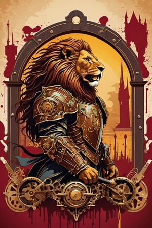 HZ Steampunk,Leonardo Style, vector art, illustration, an iron lion,belt,gear, knight ,stained background,wounds,blood, dangerous