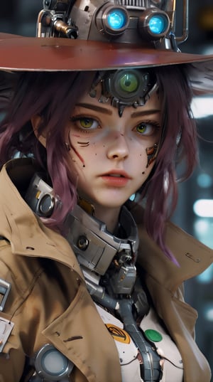 HZ Steampunk, (Space Cowgirl:1.4), (trenchcoat:1.4), (cowboy hat:1.4), Gundam armor and glowing accents. mecha, bodysuit, (beautiful detailed eyes, symmetrical eyes, (detailed face), dramatic lighting, (photorealism, photorealistic:1.4), (8k, RAW photo, masterpiece), High detail RAW color photo, realistic, (highest quality), (best shadow), (best illustration), ultra high resolution, highly detailed CG unified 8K wallpapers, physics-based rendering, hyperrealism, rich colors, hyper-realistic lifelike texture, cinestill 800),  heavy strokes, paint dripping,dashataran,3d style,cyborg style,cyborg