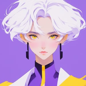 yellow and purple,minimalism, solo, yellow background, white hair, 1girl, looking at viewer, simple background, purple eyes,