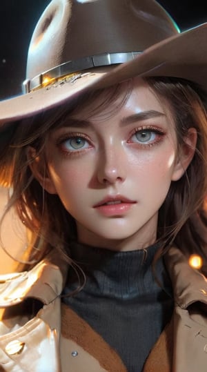 HZ Steampunk, (Space Cowgirl:1.4), (trenchcoat:1.4), (cowboy hat:1.4), Gundam armor and glowing accents. mecha, bodysuit, (beautiful detailed eyes, symmetrical eyes, (detailed face), dramatic lighting, (photorealism, photorealistic:1.4), (8k, RAW photo, masterpiece), High detail RAW color photo, realistic, (highest quality), (best shadow), (best illustration), ultra high resolution, highly detailed CG unified 8K wallpapers, physics-based rendering, hyperrealism, rich colors, hyper-realistic lifelike texture, cinestill 800),  heavy strokes, paint dripping,dashataran,3d style