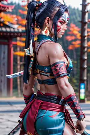oni style, fantasy, vibrant colors,dashataran,,(athletic thighs and back),1 beautiful girl ,from behind,ninja,2 hands holding katana,oni style,wounds,detailed cold face,from bottom,dynamic angle ,side face