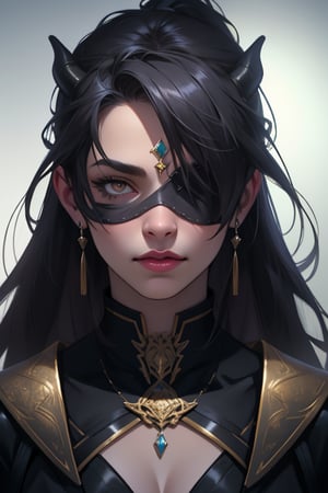 Masterpiece, best quality, 1woman, (colorful), (finely detailed and detailed face), cinematic lighting, bust shot, extremely detailed CG cunity 8k wallpaper, fantasy, goddess, warrior, blindfold, fantasy armor, dark, white eyes , digital_painting,GlowingRunes_,Germany Male,dragonborn,jewelry
