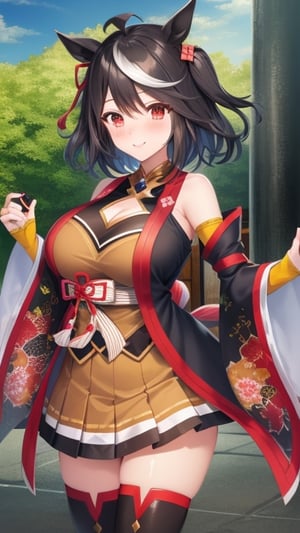 masutepiece, Best Quality, anime colours, Game CG, Official art, High quality, Best Quality, extremely detailed eye, extra detailed body, extremely detailed fingers, Diagonal composition, Cowboy Shot, Standing, Smile, blush,Standing, nose blush, (huge breasts),hair ribbon, hair ornament, fingerless gloves, yellow gloves, japanese clothes, long sleeves, wide sleeves, detached sleeves, bare shoulders, clothing cutout, cleavage cutout, kouhaku nawa, brown skirt, pleated skirt, zettai ryouiki, black thighhighs, sandals, red footwear, kitasan black \(umamusume\) 
