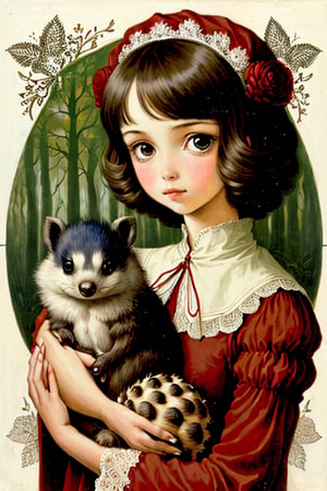 Cute girl with very large eyes holding a cute hedgehog, Harrison Fisher and Catrin Welz-Stein, detailed forest background, adorable, whimsical, surreal, glossy, highly detailed, vivid earthy colors