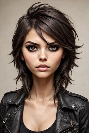 Questa è una splendida rocker bruna che posa come modellain piena crescita. Il suo corpo perfetto e il viso rubicondo con i capelli castano scuro creano un'immagine unica.

L'eyeliner scuro enfatizza i suoi lineamenti e i dettagli complessi della sua immagine sottolineano uno stile iper - dettagliato