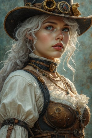 Highly detailed portrait of a steampunk character with white hair and heterochromic blue and green eyes, wearing a leather corset and top hat, intricate steampunk costume design, realistic painting style inspired by John Singer Sargent and Edgar Degas, long shot composition to showcase the entire outfit.