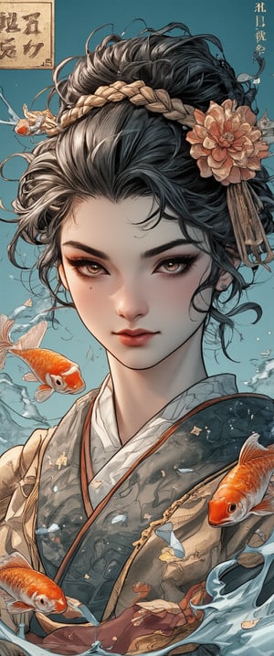 Photo, realistic, light refraction, ((acrylic with goldfish illustration embedded in desk)),  llngsh AND 1920s geisha, face, brunette, kimono goldfish look like they are swimming in Chinese letter panterns that spell ni hao, deep blue and light blue gradation, very beautiful, cool feeling piece, front view of face and full body head to toe angel woman facing the camera, full color Sketch book, highly detailed hand drawn, light, realistic sketch, dark orange and gold chiffon linen and flowing gossamer with ruffled silk under garments dress braded dark brown hair Rough sketch, mix of bold dark lines and loose lines, bold lines, on paper, beautiful angel facing camera, character model sheet, back view included on character sheet. female, Full body, runes, light hero theme, flowing partially braided hair, beautiful 8k photorealistic, 