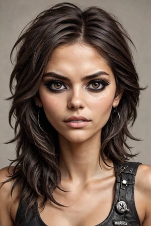 Questa è una splendida rocker bruna che posa come modellain piena crescita. Il suo corpo perfetto e il viso rubicondo con i capelli castano scuro creano un'immagine unica.

L'eyeliner scuro enfatizza i suoi lineamenti e i dettagli complessi della sua immagine sottolineano uno stile iper - dettagliato