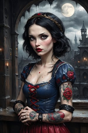 half-length portrait of Snow White, in very sensual post punk clothing, heavy makeup and tattoos, dark and gloomy atmosphere