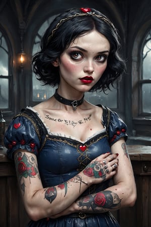 half-length portrait of Snow White, in very sensual post punk clothing, heavy makeup and tattoos, dark and gloomy atmosphere