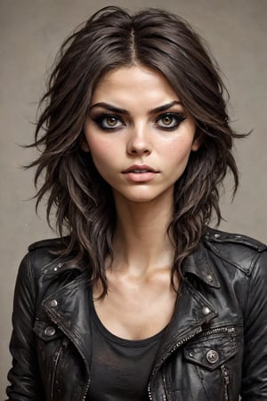 Questa è una splendida rocker bruna che posa come modellain piena crescita. Il suo corpo perfetto e il viso rubicondo con i capelli castano scuro creano un'immagine unica.

L'eyeliner scuro enfatizza i suoi lineamenti e i dettagli complessi della sua immagine sottolineano uno stile iper - dettagliato