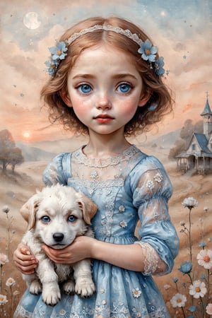 Skinny 5 year old girl, Nordic look with freckles, very detailed sparkling eyes, wearing a lace dress, holding a cute and charming Maremma Sheepdog puppy, Mark Ryden, fog, details: pale slightly coral sunset, bright white and blue mini flowers with delicate translucent petals that give a radiant shine and a mesmerizing image, acrylic ink and pen, fantasy movie poster, cinematic lighting, 32k, correct anatomy, perfect hands, perfect fingers, smoky watercolor, calm atmosphere in the style of Gabriel Pacheco, super detailed masterpiece, favorite on ArtStation, hyperrealism, perfect centered composition, by Tolira