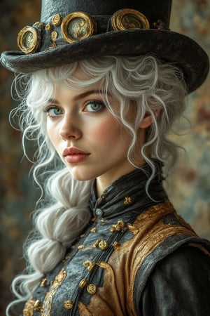 Highly detailed portrait of a steampunk character with white hair and heterochromic blue and green eyes, wearing a leather corset and top hat, intricate steampunk costume design, realistic painting style inspired by John Singer Sargent and Edgar Degas, long shot composition to showcase the entire outfit.