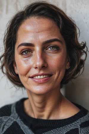 foto su Instagram, foto in primo piano del viso di una donna italiana di 50 anni, con un maglione nero, scollatura, pelle chiara, (sorriso), ombre nette (((seno grande)))