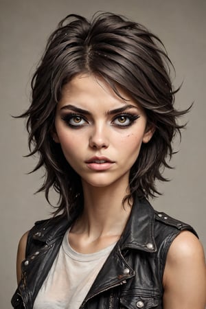 Questa è una splendida rocker bruna che posa come modellain piena crescita. Il suo corpo perfetto e il viso rubicondo con i capelli castano scuro creano un'immagine unica.

L'eyeliner scuro enfatizza i suoi lineamenti e i dettagli complessi della sua immagine sottolineano uno stile iper - dettagliato