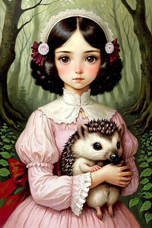 Cute girl with very large eyes holding a cute hedgehog, Harrison Fisher and Catrin Welz-Stein, detailed forest background, adorable, whimsical, surreal, glossy, highly detailed, vivid earthy colors
