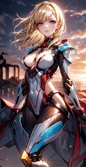 high resolution, a photo of a girl flying around in an erotic futuristic mechanical red suit, futuristic ruined city in the background, sunset light in the distance, The general atmosphere is mildly sad but peaceful, transparent bodystocking, mecha, full_body, detailed anatomy, detailed face, extra detailed short blonde hair, detailed blue eyes, 1 girl, imponent aura, perfecteyes,1 girl,fate/stay background