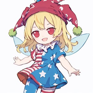  chibi, masterpiece, best quality, ,1girl,jester cap. polka dot,long hair,blonde hair, red eyes,neck ruff, striped dress,star (symbol),star print,short sleeves, pantyhose, american flag dress,short dress, fairy wings,grey background, open mouth, smile,
