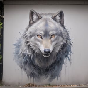 Street art that pays homage to nature:0.6, with a majestic, photorealistic wolf:0.4, its piercing eyes:0.4 ,gazing into the urban jungle, a symbol of untamed spirit:0.3, amidst concrete confines:0.2
