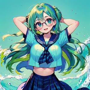 colorful, best quality, masterpiece, highres, original, extremely detailed wallpaper, 1girl, aqua_background, aqua_hair, arms_up, bespectacled, breasts, glasses, green_background, green_hair, large_breasts, long_hair, looking_at_viewer, mouth_hold, neckerchief, plaid, sailor_collar, school_uniform, serafuku, short_sleeves, solo, upper_body