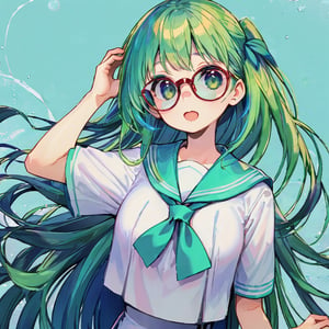 colorful, best quality, masterpiece, highres, original, extremely detailed wallpaper, 1girl, aqua_background, aqua_hair, arms_up, bespectacled, breasts, glasses, green_background, green_hair, large_breasts, long_hair, looking_at_viewer, mouth_hold, neckerchief, plaid, sailor_collar, school_uniform, serafuku, short_sleeves, solo, upper_body