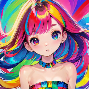 colorful, best quality, masterpiece, highres, original, extremely detailed wallpaper, 1girl, bangs, bare_shoulders, collar, colorful, eyebrows_visible_through_hair, looking_at_viewer, multicolored_background, multicolored_hair, short_hair, solo, strapless