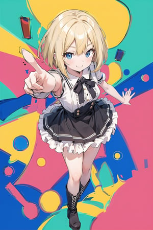 ((masutepiece, Best Quality)),mature female,smile,blonde bob hair,blue eyes,blouse,frilled skirt,boots,standing,dynamic pose,pop color background,from above,foreshortening