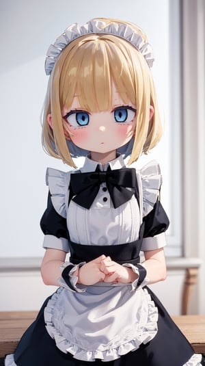 nsfw, ((masterpiece)), ((best quality)), (ultra-detailed), illustration, daytime, 1girl, solo, maid, maid_dress, short_sleeves, maid_headdress, bow_tie, beautiful blond bob hair, beautiful blue eyes