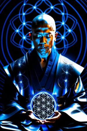 (((Silver Mind))), ((cyborg monk meditating)), ((simple blue robe)), Art Technology, sparks and surges, arcs of electricity, silver flower of life as read geometry background, ready to print, black background,HD, vibrant,Movie Still