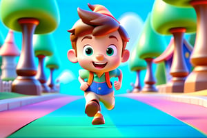 front view, A cute little boy is running front in a fairy tale world , Blind box, ip by Popmart, Styleof Disney, Style of Pixar, 3D, C4D, candy color, neon palette style, realistic, clear background,