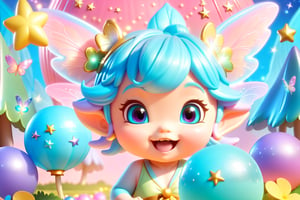 front view, A cute little boy is running front in a fairy tale world , Blind box, ip by Popmart, Styleof Disney, Style of Pixar, 3D, C4D, candy color, neon palette style, realistic, clear background,