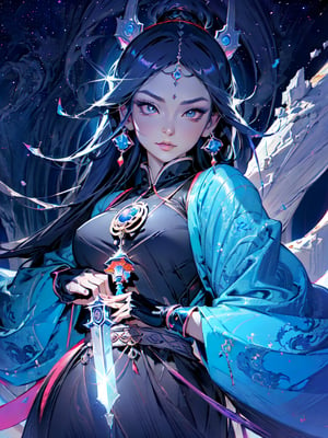 (mysterious:1.3), ultra-realistic mix fantasy,(1 giant eastern dragon:1.3) behind an asian woman holding a glowing sword,void energy diamond sword, in the style of dark azure and light azure, mixes realistic and fantastical elements, vibrant manga, uhd image, glassy translucence, vibrant illustrations, ultra realistic, long hair, straight hair, light purple hair,head jewelly, jewelly, shawls,light In eyes, red eyes, portrait, firefly, bokeh, mysterious, fantasy, cloud, abstract, colorful background, night sky, flame,  very detailed, high resolution, sharp, sharp image, 4k, 8k, masterpiece, best quality, magic effect, (high contrast:1.4), dream art, diamond, skin detail, face detail, eyes detail, mysterious colorful background, dark blue themes