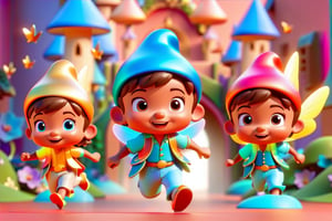 front view, A cute little boy is running front in a fairy tale world , Blind box, ip by Popmart, Styleof Disney, Style of Pixar, 3D, C4D, candy color, neon palette style, realistic, clear background,whole body,3d style