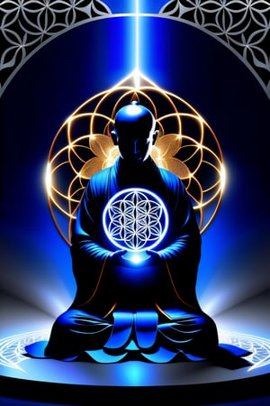 (((Silver Mind))), ((Meditating Chinese monk)), ((simple blue robe)), Art Technology, sparks and surges, arcs of electricity, silver flower of life as read geometry background, ready to print, black background,HD, vibrant,Movie Still,3d style,dfdd