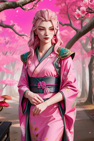 japan forest, hight quality, ultra detailed, shade, bright, pretty woman, detailed, grey eyes, pink hair, long kimono dress, earrings,anya,25D_Loras,ShroomPunkAI,Science Fiction