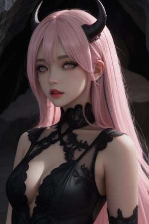 illuminated cave, hight quality, ultra detailed, shade, bright, demon girl, grey eyes, pink hair, black dress, demon horn