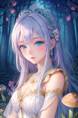 illuminated forest, hight quality, ultra detailed, shade, bright, beautyful girl, detailed, blue eyes, blushing, mushrooms
