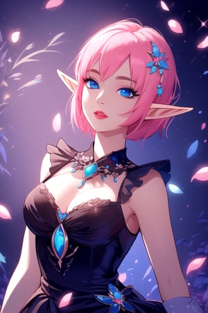 illuminated garden, hight quality, ultra detailed, shade, bright, lady, blue eyes, pink short hair, black dress, magical effects, elf, flowers