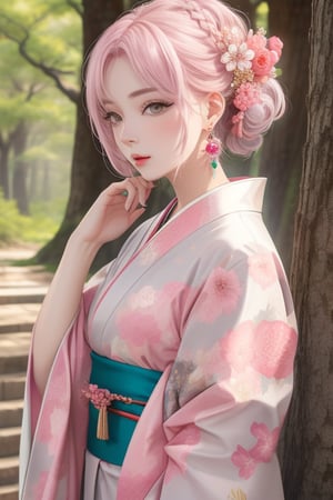 japan forest, hight quality, ultra detailed, shade, bright, pretty woman, detailed, grey eyes, pink hair, long kimono dress, earrings,anya