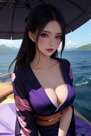 illuminated sea, hight quality, ultra detailed, shade, bright, beautyful girl, detailed, black eyes, blushing, black hair, kimono dress, purple dress, big chest, nico robin