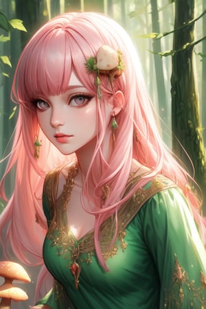 Mushrooms, grey eyes, pink hair, forest, hight quality, unity 8k wallpaper, ultra detailed, beautyful green dress, shade, bright, witchy,behisheroine,Mushroom Girl, beautiful girl, mushroom hate, realistic