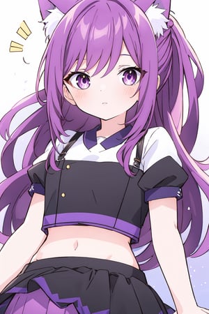 (bets quality)long purple hair, purple crop top, purple ruffled sleeves, short purple skirt, purple cat ears,