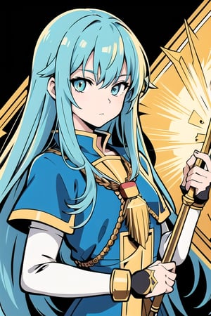 anime man, knight, warrior, flat colors, no shading, line art, simple, simplified colors, inks only, 
priestess, warrior, aqua, upper body, long_hair, gold_eyes ,inboxDollPlaySetQuiron style,