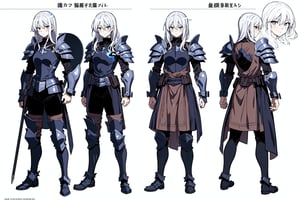 (best quality, masterpiece)  1page manga,sole_female, 1-page manga, knight, armor, priest, correct anatomy, character sheet, front, profile, back) full body, asymmetrical, shoulder guard