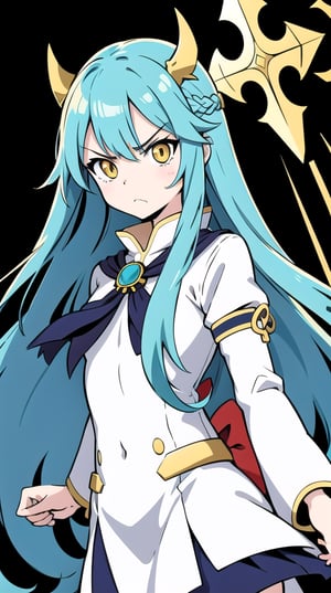 anime girl, flat colors, no shading, line art, simple, simplified colors, inks only, 
priestess, warrior, aqua, upper body, long_hair, gold_eyes ,inboxDollPlaySetQuiron style, angry, rage