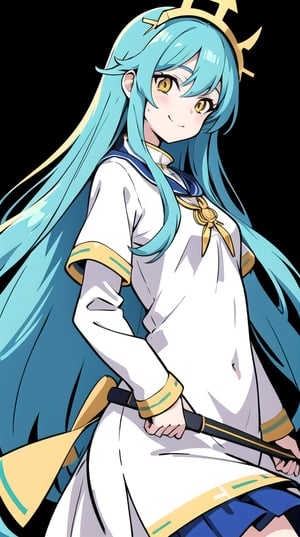 anime girl, flat colors, no shading, line art, simple, simplified colors, inks only, 
priestess, warrior, aqua, upper body, long_hair, gold_eyes ,inboxDollPlaySetQuiron style, happy, smile, joy